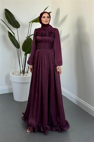 Maryam Altı Ve Göğüs Kısmı Fırfırlı Janjan Abiye Mor