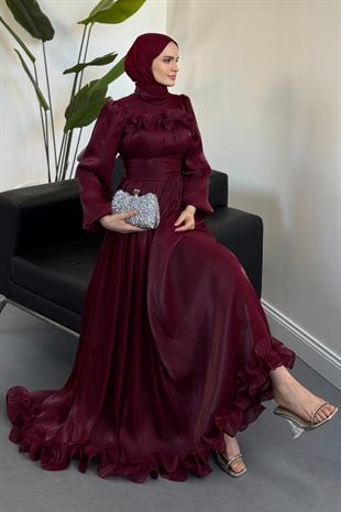 Maryam Altı Ve Göğüs Kısmı Fırfırlı Janjan Abiye Mürdüm