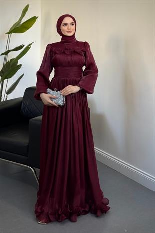 Maryam Altı Ve Göğüs Kısmı Fırfırlı Janjan Abiye Mürdüm