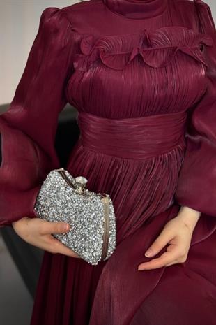 Maryam Altı Ve Göğüs Kısmı Fırfırlı Janjan Abiye Mürdüm