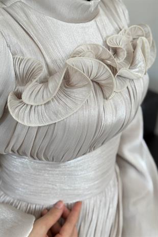 Maryam Altı Ve Göğüs Kısmı Fırfırlı Janjan Abiye Taş