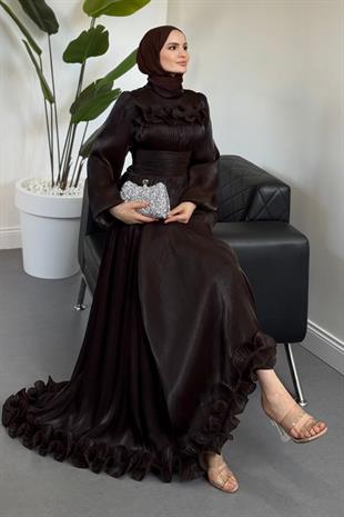 Maryam Altı Ve Göğüs Kısmı Fırfırlı Janjan Abiye Acı Kahve