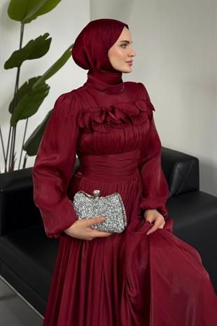 Maryam Altı Ve Göğüs Kısmı Fırfırlı Janjan Abiye Bordo