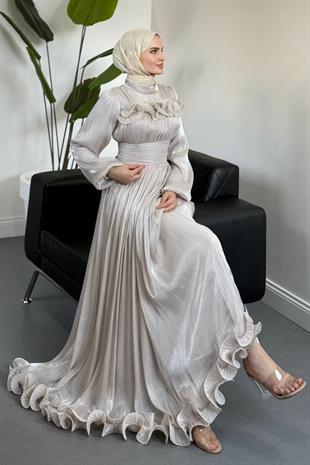 Maryam Altı Ve Göğüs Kısmı Fırfırlı Janjan Abiye Taş