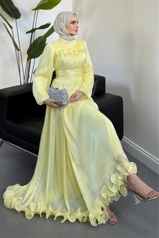 Maryam Altı Ve Göğüs Kısmı Fırfırlı Janjan Abiye Butter Yellow