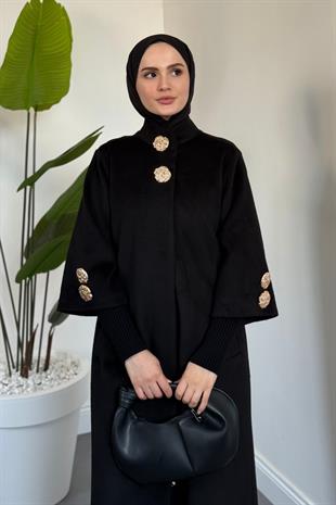 Matar Önü Çıtçıtlı Astarlı Kaşe Kaban Siyah