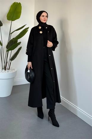 Matar Önü Çıtçıtlı Astarlı Kaşe Kaban Siyah