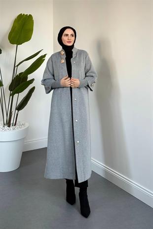 Matar Önü Çıtçıtlı Astarlı Kaşe Kaban Gri