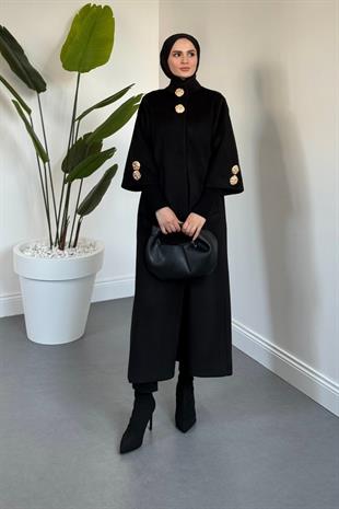 Matar Önü Çıtçıtlı Astarlı Kaşe Kaban Siyah