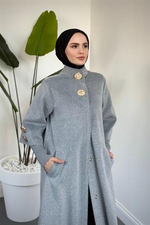 Matar Önü Çıtçıtlı Astarlı Kaşe Kaban Gri