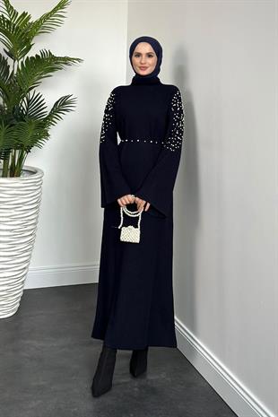 Maya Omzu İncili Triko Elbise Lacivert