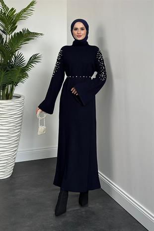 Maya Omzu İncili Triko Elbise Lacivert