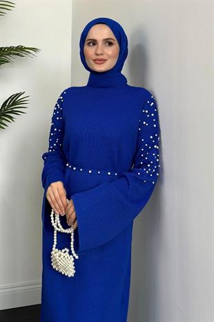 Maya Omzu İncili Triko Elbise Saks