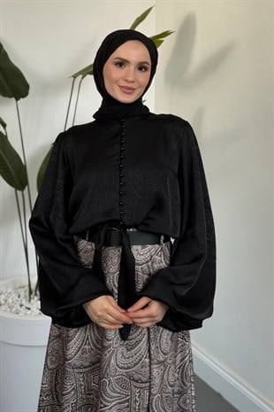 Mehrisa Önden Düğmeli Bağlamalı Saten Gömlek Siyah