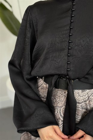 Mehrisa Önden Düğmeli Bağlamalı Saten Gömlek Siyah