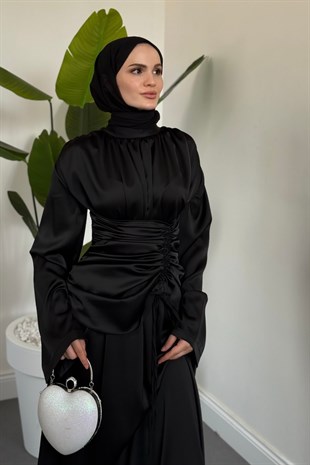 Melair Yandan Büzgülü Abiye Siyah
