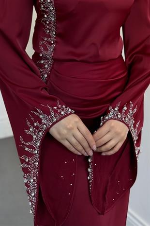 Melinos Yandan Taşlı Saten Abiye Bordo