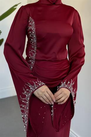 Melinos Yandan Taşlı Saten Abiye Bordo