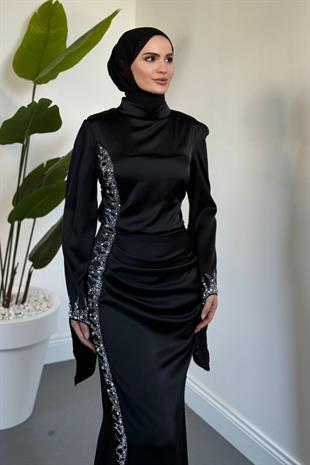 Melinos Yandan Taşlı Saten Abiye Siyah