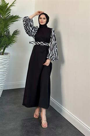 Mena Balon Kol Kemerli Elbise Zebra