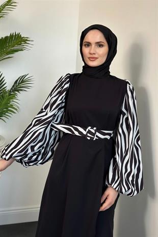Mena Balon Kol Kemerli Elbise Zebra