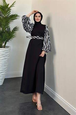 Mena Balon Kol Kemerli Elbise Zebra