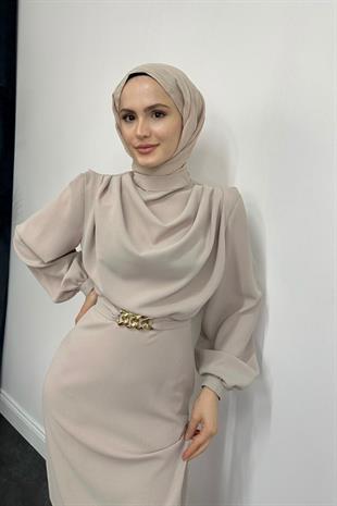 Meridan Üstü Drape Krep Abiye Krem