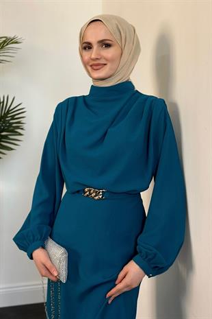 Meridan Üstü Drape Krep Abiye Turkuaz