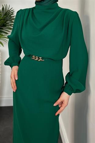 Meridan Üstü Drape Krep Abiye Yeşil