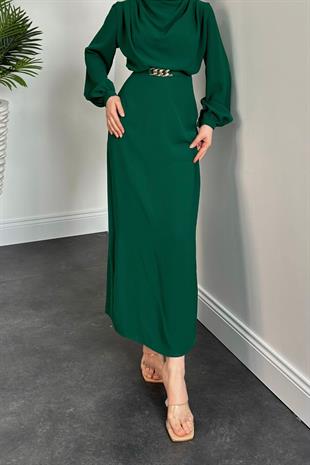 Meridan Üstü Drape Krep Abiye Yeşil