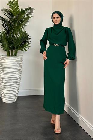 Meridan Üstü Drape Krep Abiye Yeşil