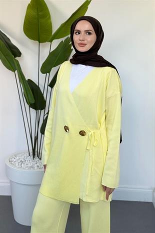 Merista Metal Düğmeli Triko Takım Butter Yellow