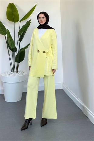Merista Metal Düğmeli Triko Takım Butter Yellow