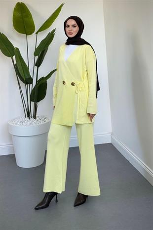 Merista Metal Düğmeli Triko Takım Butter Yellow
