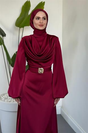 Merryna Kemerli Kuyruklu Saten Abiye Bordo