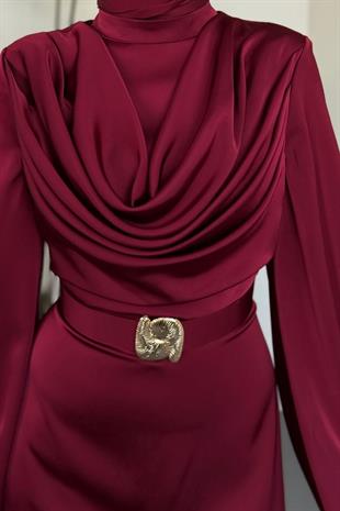 Merryna Kemerli Kuyruklu Saten Abiye Bordo