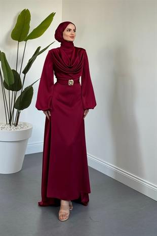Merryna Kemerli Kuyruklu Saten Abiye Bordo