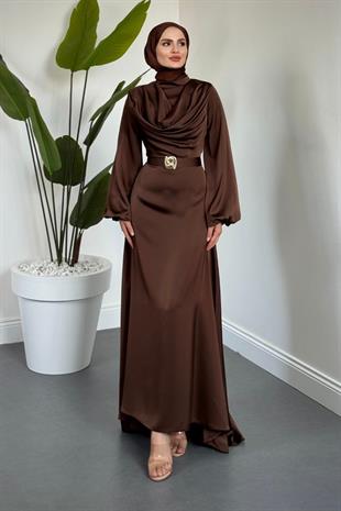 Merryna Kemerli Kuyruklu Saten Abiye Kahverengi
