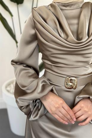 Merryna Kemerli Kuyruklu Saten Abiye Vizon