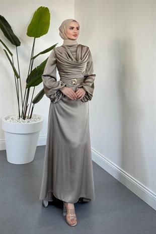 Merryna Kemerli Kuyruklu Saten Abiye Vizon