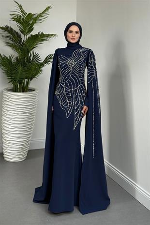 Mery Taşlı Pelerinli Abiye Lacivert