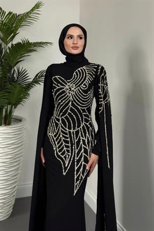Mery Taşlı Pelerinli Abiye Siyah