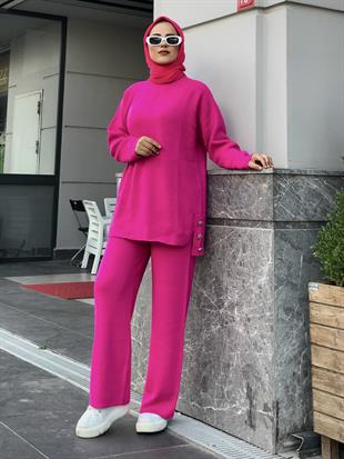 Metal Düğmeli Triko Takım Fuşya