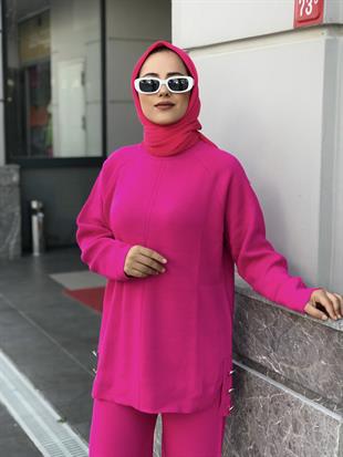 Metal Düğmeli Triko Takım Fuşya