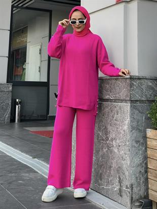 Metal Düğmeli Triko Takım Fuşya