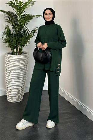 Metal Düğmeli Triko Takım Haki