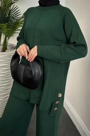 Metal Düğmeli Triko Takım Haki