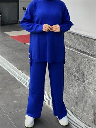 Metal Düğmeli Triko Takım Saks