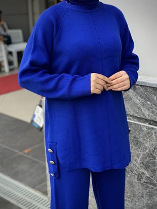 Metal Düğmeli Triko Takım Saks