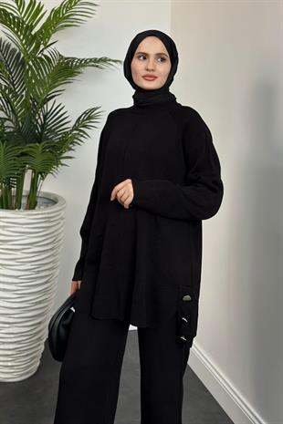 Metal Düğmeli Triko Takım Siyah